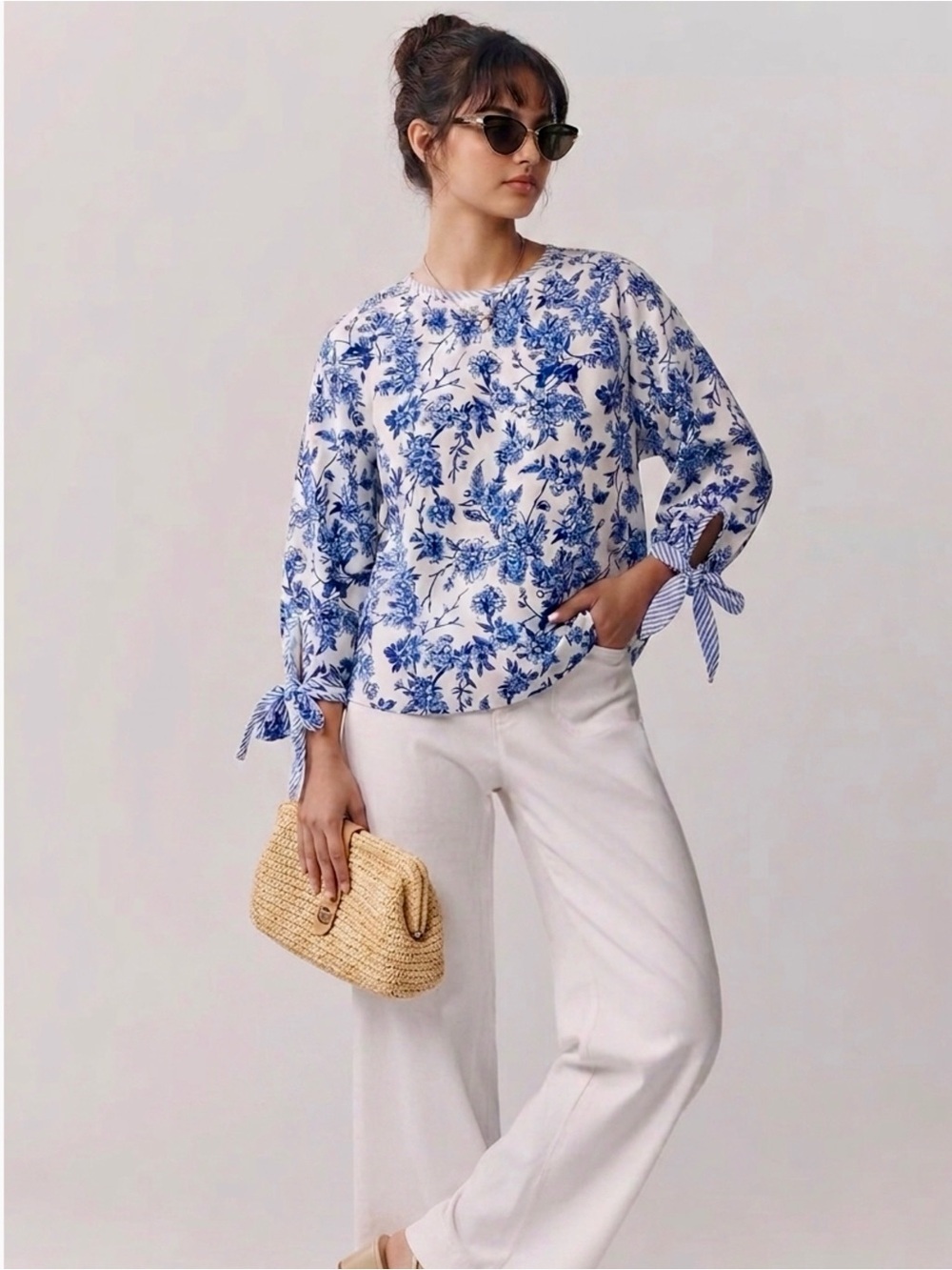 HAPTICS Coastal Chic Vintage Floral Print Blouse Bow Sleeves Navy Ivory WOMENS S